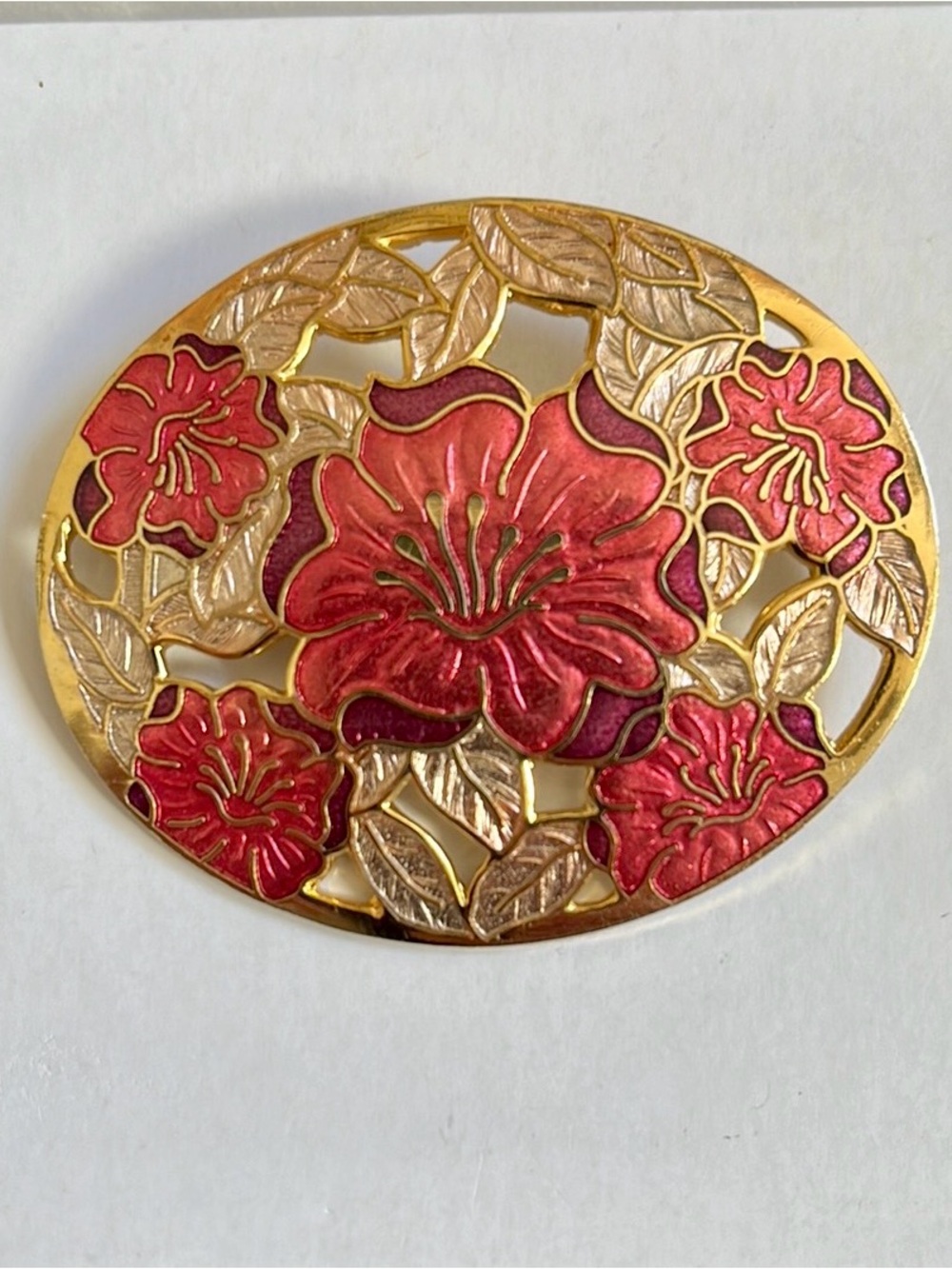 Fish and Crown Oval Gold Tone Cloisonne Floral Brooch with Cutouts
